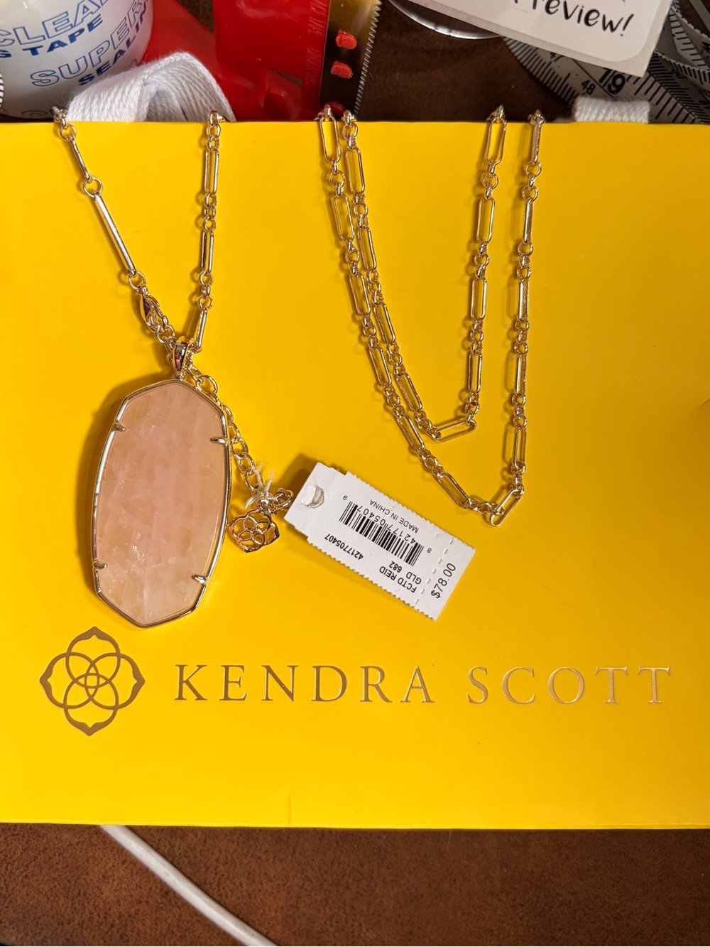 Kendra Scott Gold Necklace with Light Pink Stone Pendant